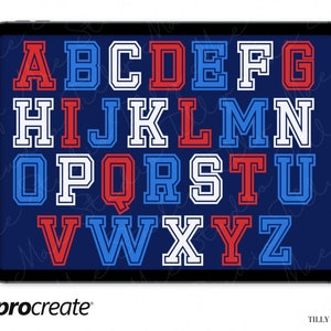 Carimbos de letras Varsity Procreate: fontes de alfabeto para torcida, sublimação de design digital para dia de jogo