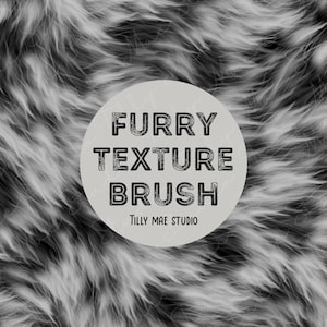 Könnte beinhalten: Nahaufnahme einer weißen, flauschigen Textur mit einem Kreis in der Mitte, auf dem "FURRY TEXTURE BRUSH" steht, darunter der Text "TILLY MAE STUDIO".