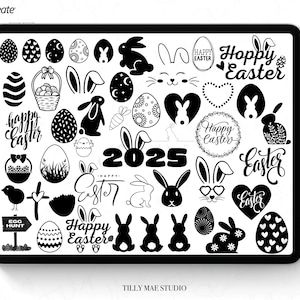 May include: Black and white Easter themed clipart featuring bunnies, eggs, hearts, and the text "Hoppy Easter", "Happy Easter", and "Egg Hunt".