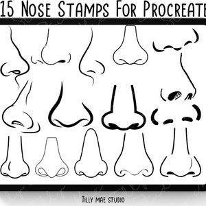 May include: A digital illustration of 15 different nose shapes for use as digital stamps in the Procreate app. The noses are drawn in black outline on a white background.