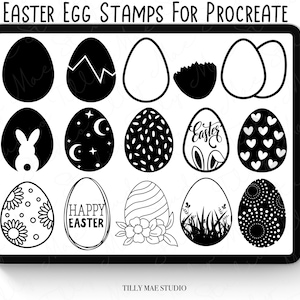 May include: A digital illustration of 12 Easter egg stamps for Procreate. The stamps feature various designs including bunny rabbits, moons, stars, flowers, and the words "Happy Easter".