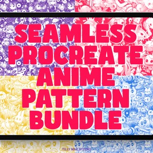 May include: A digital tablet screen displaying the text "SEAMLESS PROCREATE ANIME PATTERN BUNDLE" in bold red letters against a background of colorful anime-style patterns. The text is centered on the screen and the patterns are arranged in a grid.