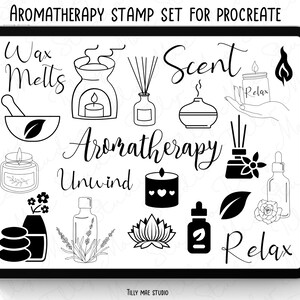 May include: A set of black and white digital stamps for Procreate featuring aromatherapy-themed illustrations. The illustrations include candles, essential oil bottles, diffusers, and other related items. The text "Wax Melts", "Scent", "Aromatherapy", "Unwind", and "Relax" are included in the design.