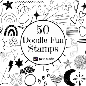 Doodle Shapes Procreate Stamp Brushes Bundle mit Regenbogen, Sternen, Herzen und mehr für Digital Art Projekte