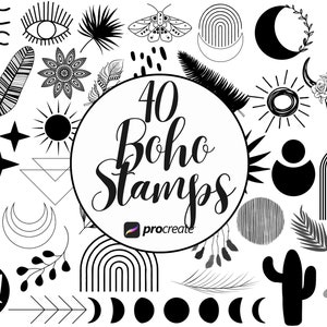 Puede incluir: Un conjunto de 40 sellos de estilo boho en blanco y negro para usar con la aplicación Procreate. Los sellos incluyen varios diseños como lunas, estrellas, soles, ojos, plumas, plantas y formas geométricas.