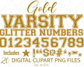 Gold Glittery Varsity Jersey Numbers Clipart: Digital PNG Download for Sports & Athletic Designs