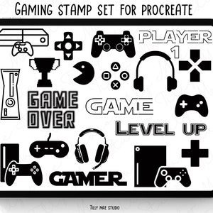 May include: A set of black and white digital stamps for the Procreate app featuring gaming-themed icons, including a game controller, a headset, a trophy, a Pac-Man ghost, and the words "Game Over", "Game", "Level Up", and "Gamer".