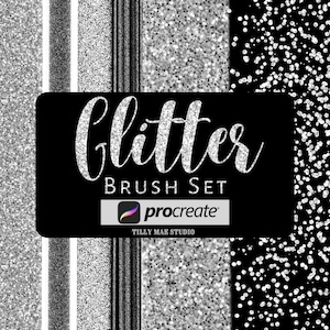 May include: A set of silver glitter Procreate brushes. The image shows three different glitter textures: a solid glitter, a glitter with vertical lines, and a glitter scattered on a black background. The text "Glitter Brush Set" and the Procreate logo are visible.