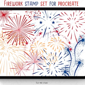 Peut inclure: Une illustration numérique d'un ensemble de tampons de feux d'artifice pour Procreate. Les tampons sont de différentes couleurs, notamment le rouge, le bleu et le jaune. Les tampons sont disposés de manière aléatoire sur un fond blanc.