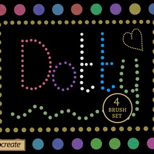 Può includere: Un'illustrazione digitale della parola "dotu" in un font punteggiato colorato. La parola è circondata da un bordo punteggiato dorato. L'immagine include anche una linea punteggiata verde e un cuore dorato con un contorno punteggiato. Il testo "4 BRUSH SET" è in un cerchio dorato nella parte inferiore dell'immagine.