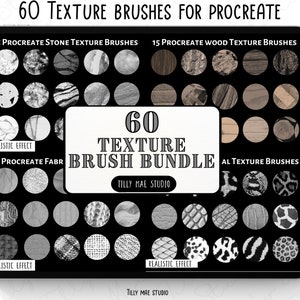 以下が含まれることがあります： デジタル画面に、60個のProcreateテクスチャブラシがグリッド形式で表示されています。ブラシは、石、木、動物のテクスチャの3つのカテゴリに分類されています。画面の中央には、「60 Texture Brush Bundle」というテキストが表示されています。