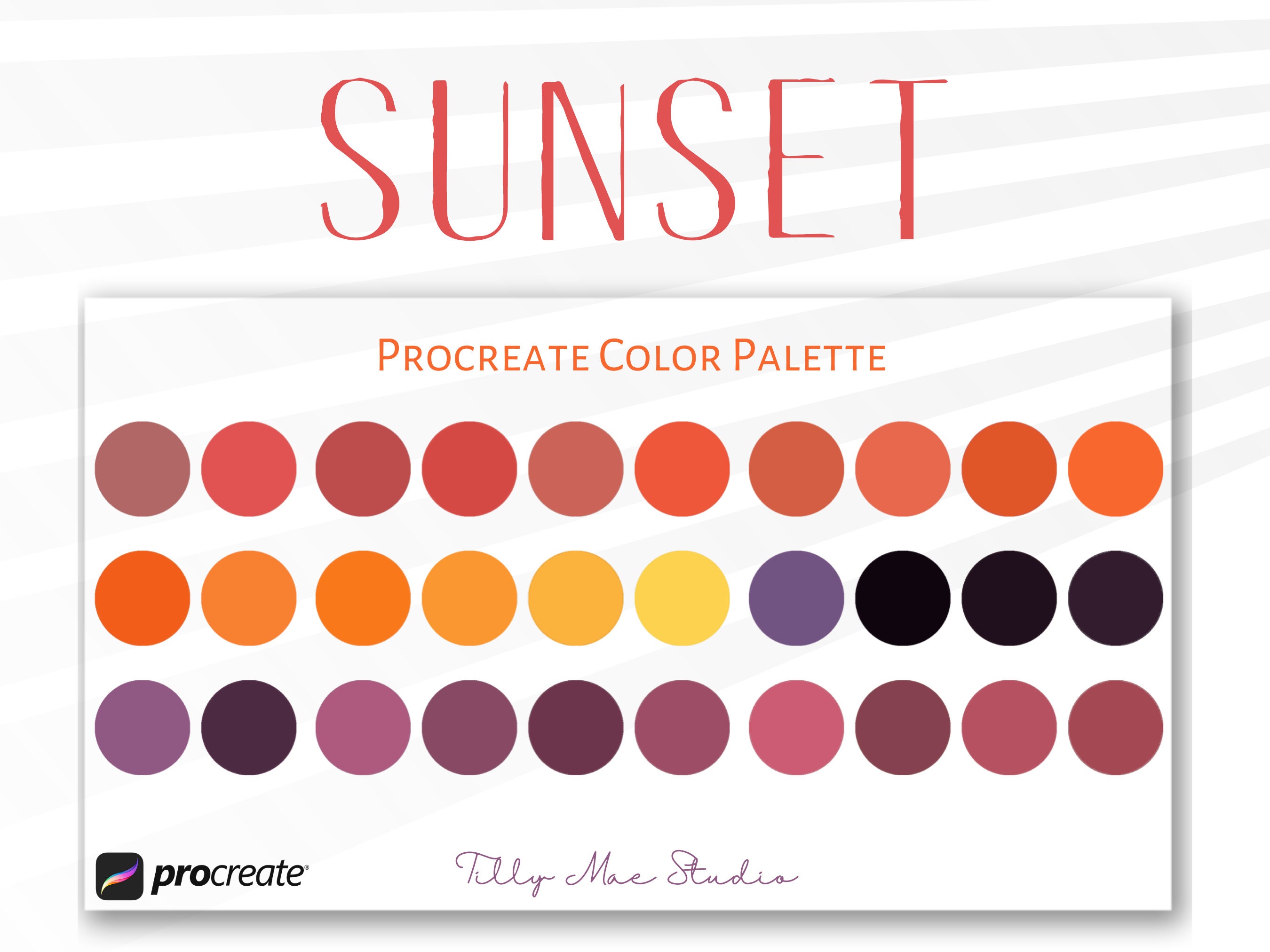 Paleta de colores Sunset para Procreate – 30 tonos cálidos para arte digital y lettering