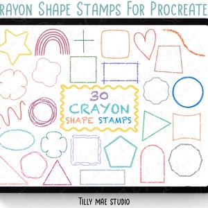 Könnte beinhalten: Ein digitales Tablet zeigt 30 Stempel in Form von Buntstiften für Procreate. Die Formen, darunter Sterne, Herzen und Quadrate, sind in verschiedenen Farben umrandet. Der Text oben lautet "Crayon Shape Stamps For Procreate".
