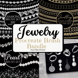 Può includere: Un pacchetto di arte digitale per Procreate con pennelli a tema gioielli. L'immagine mostra set di pennelli con diamanti, perle e catene d'oro, oltre a vari design di gioielli. Il testo recita "Jewelry Procreate Brush Bundle" e "Tilly Mae Studio."
