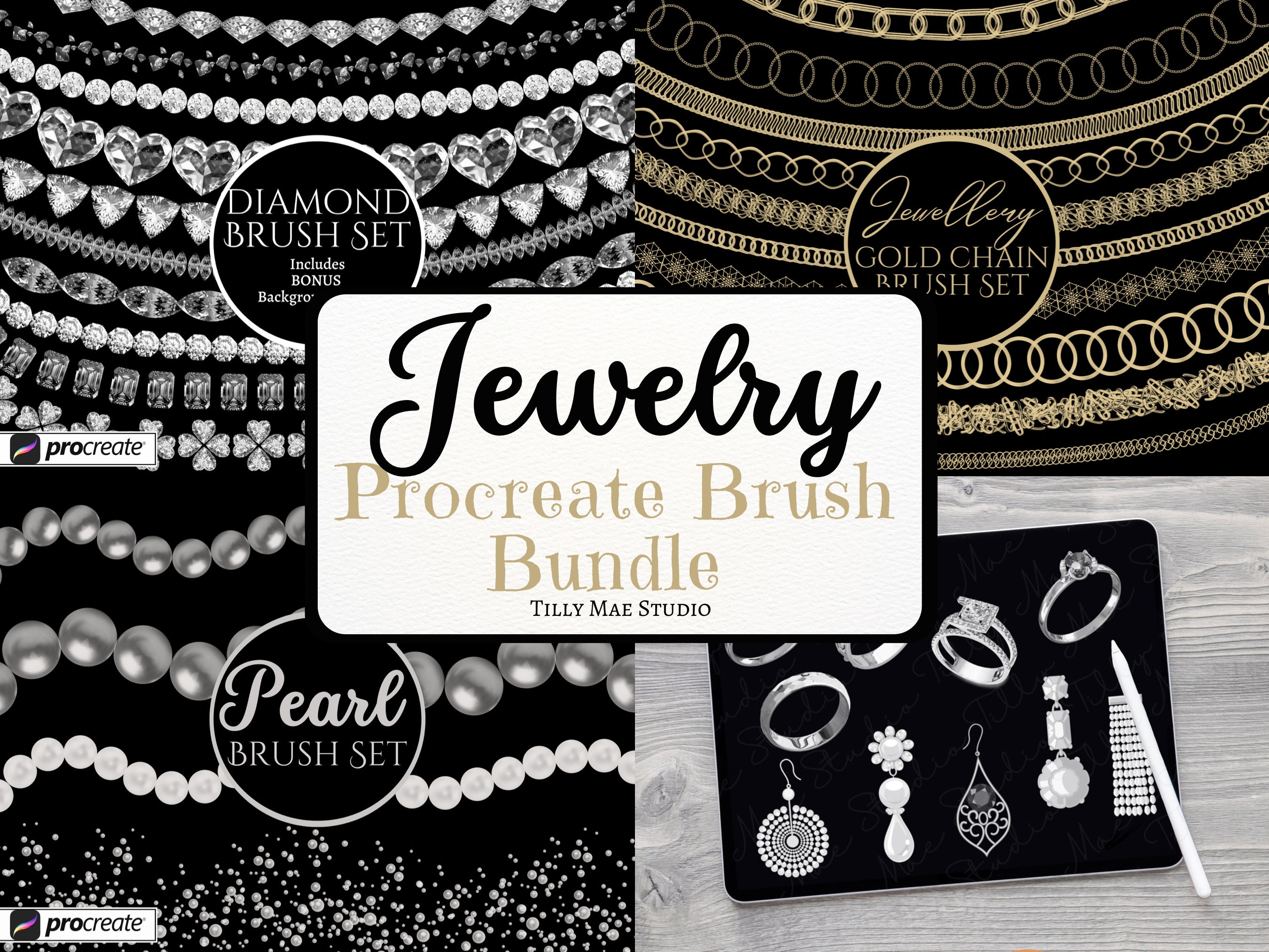 Pack premium de pinceles de joyería para Procreate: diamantes, perlas, cadenas, pendientes y sellos de gemas