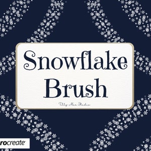 May include: A white rectangle with a gold border on a dark blue background. The rectangle contains the text "Snowflake Brush" in a decorative font. The background is covered in a pattern of white snowflakes.
