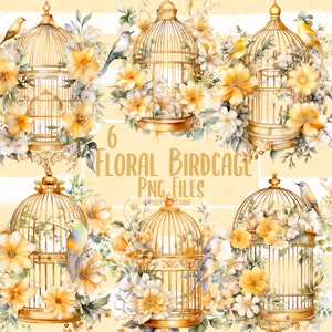Cage à oiseaux aquarelle vintage et clipart floral PNG | Carte de mariage en téléchargement numérique | Illustration du nichoir