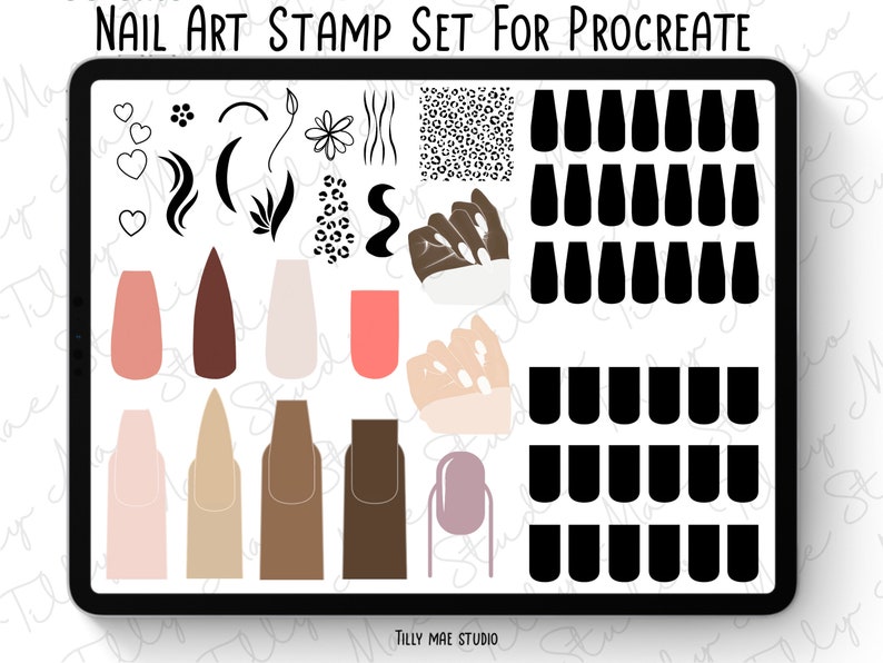 以下が含まれることがあります： Procreate 用のネイルアートデザイン用デジタルスタンプセット。セットには、ハート、花、葉、レオパード柄、抽象的な形など、さまざまな形、パターン、デザインが含まれています。セットには、さまざまなネイルの形も含まれています。