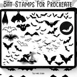May include: A digital stamp set for Procreate featuring a variety of bat silhouettes in black on a white background. The set includes bats of different sizes and shapes, including a bat with a circle around it. The text "BAT STAMPS FOR PROCREATE" is at the top of the image.