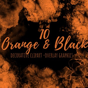 Puede incluir: 10 Cliparts decorativos naranja y negro - Gráficos de superposición. Arte digital abstracto con colores naranja y negro. La imagen tiene un aspecto grunge y texturado.