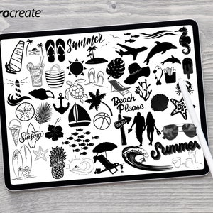 50 Summer Beach Procreate Stamp Set: Digital Brushes for Creative Designs & Illustrations