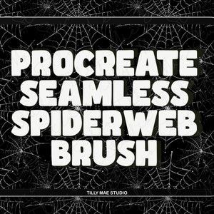 May include: A white text graphic on a black background with a spiderweb pattern. The text reads "Procreate Seamless Spiderweb Brush" and "Tilly Mae Studio".