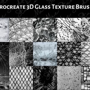 May include: A set of 15 Procreate 3D glass texture brushes. The brushes feature various textures, including cracked glass, frosted glass, and stained glass.