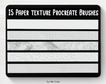 Op de afbeelding: Een digitaal tabletscherm met 15 Procreate-penseelstreken met papiertextuur. Het scherm is zwart met witte tekst en witte rechthoekige swatches van verschillende papiertexturen.
