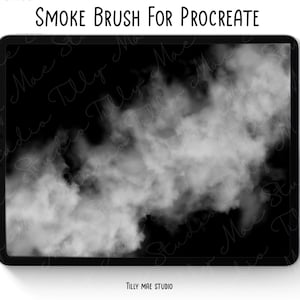 May include: A digital illustration of a smoke brush for Procreate, shown on a tablet screen. The brush is designed to create realistic smoke effects.