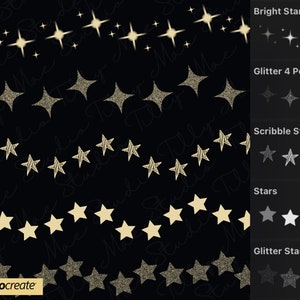 May include: A digital illustration of different types of stars, including bright star trails, glitter 4 point stars, scribble stars, and regular stars. The stars are in various shades of gray and white on a black background.