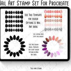 以下が含まれることがあります： Procreate アプリ用のネイルアートスタンプテンプレートのセットが表示されたデジタルタブレットの画面。テンプレートには、カラーホイール、さまざまな色のネイルシェイプのセット、レオパード柄のネイルシェイプのセットなど、さまざまなネイルシェイプ、カラー、パターンが含まれています。画面には「USE THIS TEMPLATE FOR COLOUR OPTIONS & NAIL ART IDEAS」というテキストが表示されています。