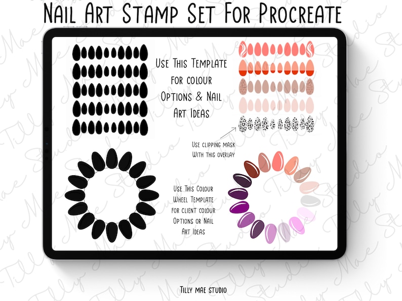 以下が含まれることがあります： Procreate アプリ用のネイルアートスタンプテンプレートのセットが表示されたデジタルタブレットの画面。テンプレートには、カラーホイール、さまざまな色のネイルシェイプのセット、レオパード柄のネイルシェイプのセットなど、さまざまなネイルシェイプ、カラー、パターンが含まれています。画面には「USE THIS TEMPLATE FOR COLOUR OPTIONS & NAIL ART IDEAS」というテキストが表示されています。