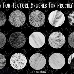 May include: Fifteen black and white fur texture brushes for Procreate, displayed in a grid of circles on a black background. The text "15 FUR TEXTURE BRUSHES FOR PROCREATE" is at the top of the image.