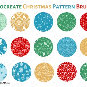 May include: 15 Procreate Christmas Pattern Brushes. A set of 15 digital brush patterns featuring various Christmas themes, including snowflakes, ornaments, reindeer, and trees. The patterns are displayed in a grid of circles, each with a different color background.