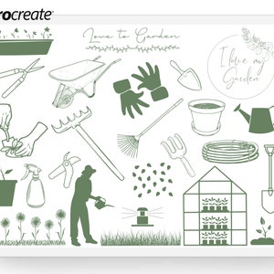 May include: A set of 18 green gardening illustrations, including a wheelbarrow, rake, watering can, shovel, gloves, and a greenhouse. The text "Love to Garden" and "I love my Garden!" is included in the image.