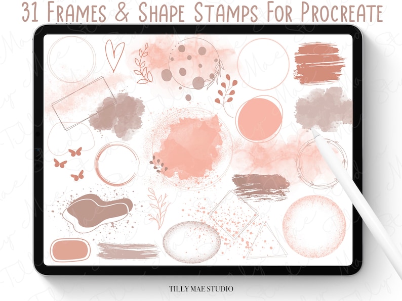 Op de afbeelding: Een digitale illustratie van 31 frames en vorm stempels voor Procreate, met een verscheidenheid aan vormen, waaronder cirkels, vierkanten, harten en abstracte vormen. De stempels zijn in een licht roze en bruine kleurstelling.