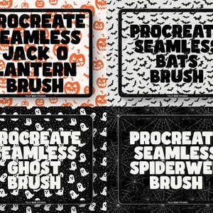 Può includere: Quattro illustrazioni digitali di motivi senza cuciture a tema Halloween per Procreate. I motivi includono zucche, pipistrelli, fantasmi e ragnatele.