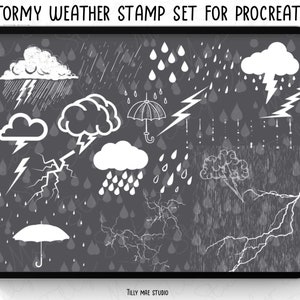May include: A digital illustration of a set of stormy weather stamps for Procreate. The stamps include clouds, rain, lightning, and umbrellas. The stamps are in black and white and have a hand-drawn style.