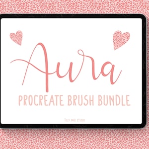 May include: A digital illustration of a tablet screen displaying the text "Aura Procreate Brush Bundle" with a pink heart on each side of the text. The background is a pink and white leopard print.