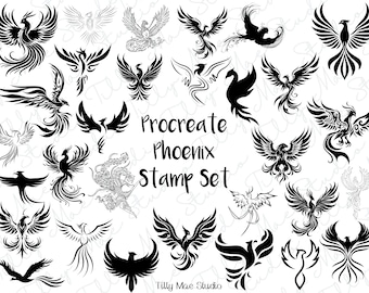 30 Phoenix Stamp Brushes for Procreate: Tattoo Design, Seamless Patterns & Clipart