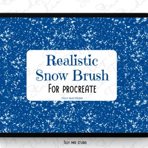 May include: A blue tablet screen with a white rectangle displaying the text "Realistic Snow Brush for Procreate" with the text "TILLY MAE STUDIO" below. The background is a blue and white speckled pattern.