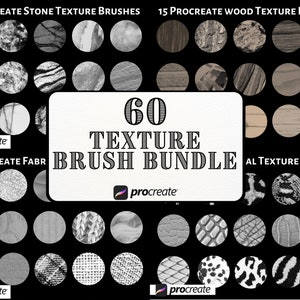 May include: A set of 60 Procreate texture brushes for digital art. The brushes are organized into three categories: stone, wood, and animal textures. Each brush is displayed as a circle with a different texture pattern.