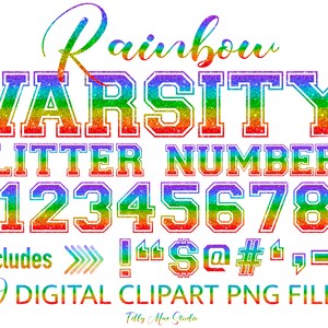 Clipart di numeri di maglia glitterati arcobaleno vibrante: download PNG digitale per sport e artigianato