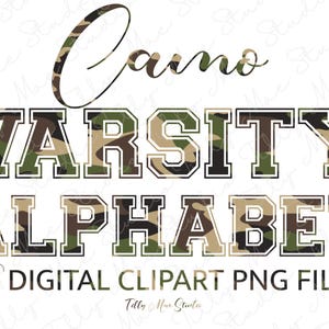 Alphabet camouflage et chiffres PNG : lot de polices de caractères numériques à sublimation pour des créations d'inspiration militaire
