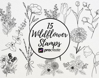 Znaczki Wildflower Procreate: Zestaw pędzli kwiatowych (15 znaczków) + akwarela PNG