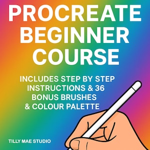 Op de afbeelding: Advertentie voor een digitale kunstcursus met de tekst "PROCREATE BEGINNER COURSE" in witte letters. De afbeelding toont een hand die een stylus vasthoudt, met de tekst "INCLUDES STEP BY STEP INSTRUCTIONS & 36 BONUS BRUSHES & COLOUR PALETTE". De achtergrond is een regenboogverloop.