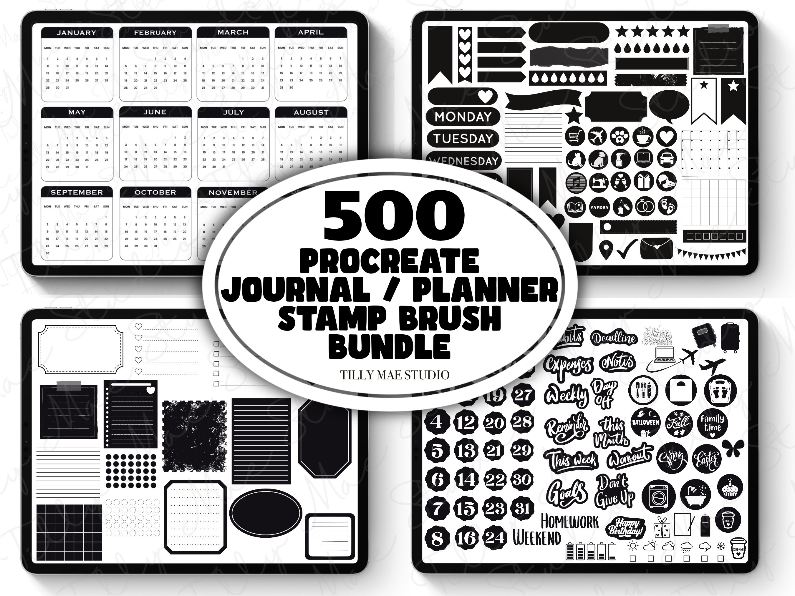 500+ sellos para Procreate de diario y planificador | Gran set de pinceles de planificación digital con calendarios, iconos y etiquetas