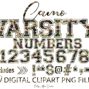 Imágenes prediseñadas de números universitarios de camuflaje: PNG de camisetas digitales para fútbol, diseño militar y deportivo.