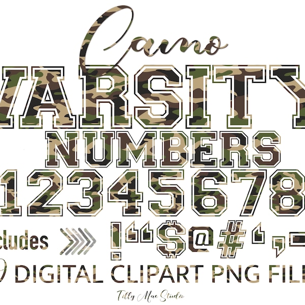 Camo Varsity Numbers Clipart, Camoflage Jersey numbers png, Camo Number Clip Art, Camo Numbers, Camo PNG Digital Download