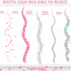 May include: A digital art bundle for Procreate with sequin brushes. The image shows a tablet with five sequin brush styles: Sequin Scatter, Sequin Lettering, Glitter Rainbow Lettering, Sequin Rainbow Lettering, and Rainbow Sequin. The text "BEAUTIFUL SEQUIN BRUSH BUNDLE FOR PROCREATE" is at the top.
